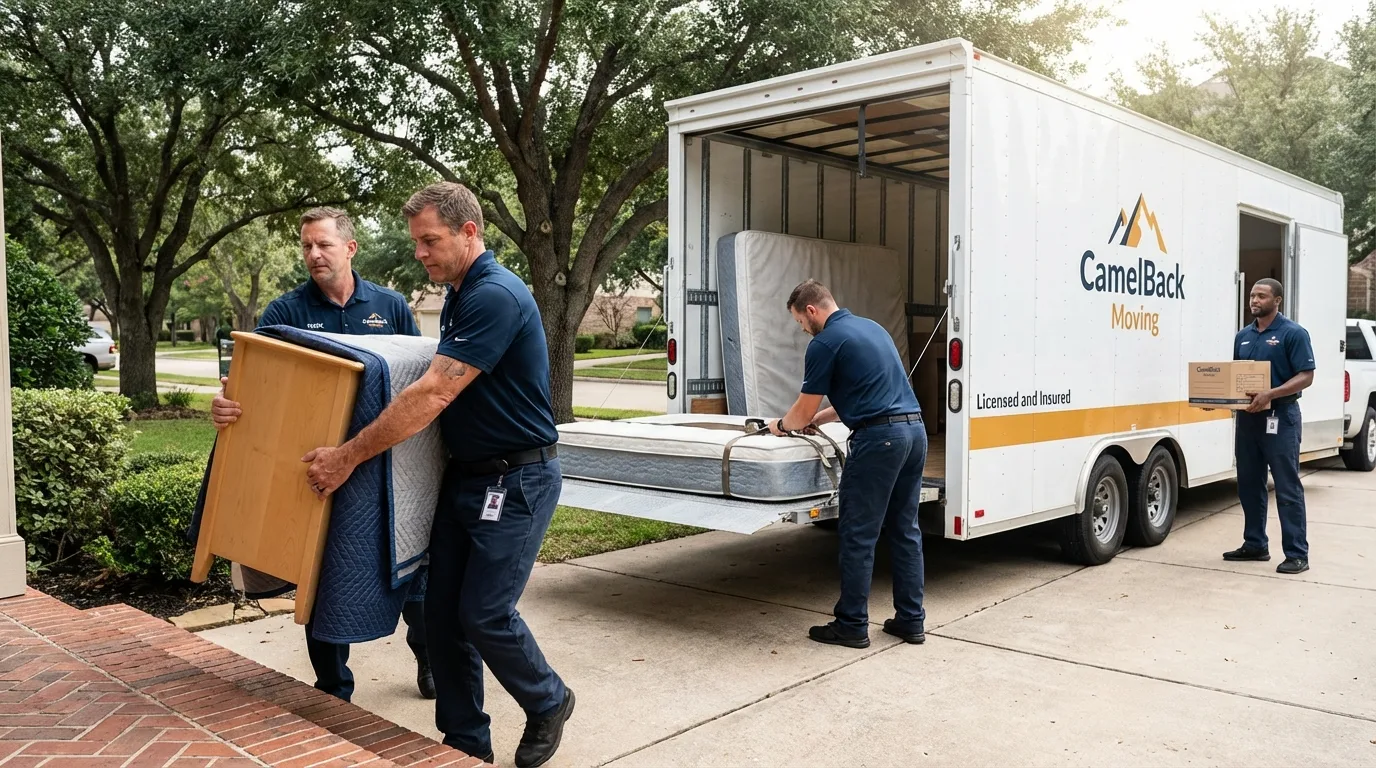 Crew loading residential truck for cross-state move from Marble Falls, TX