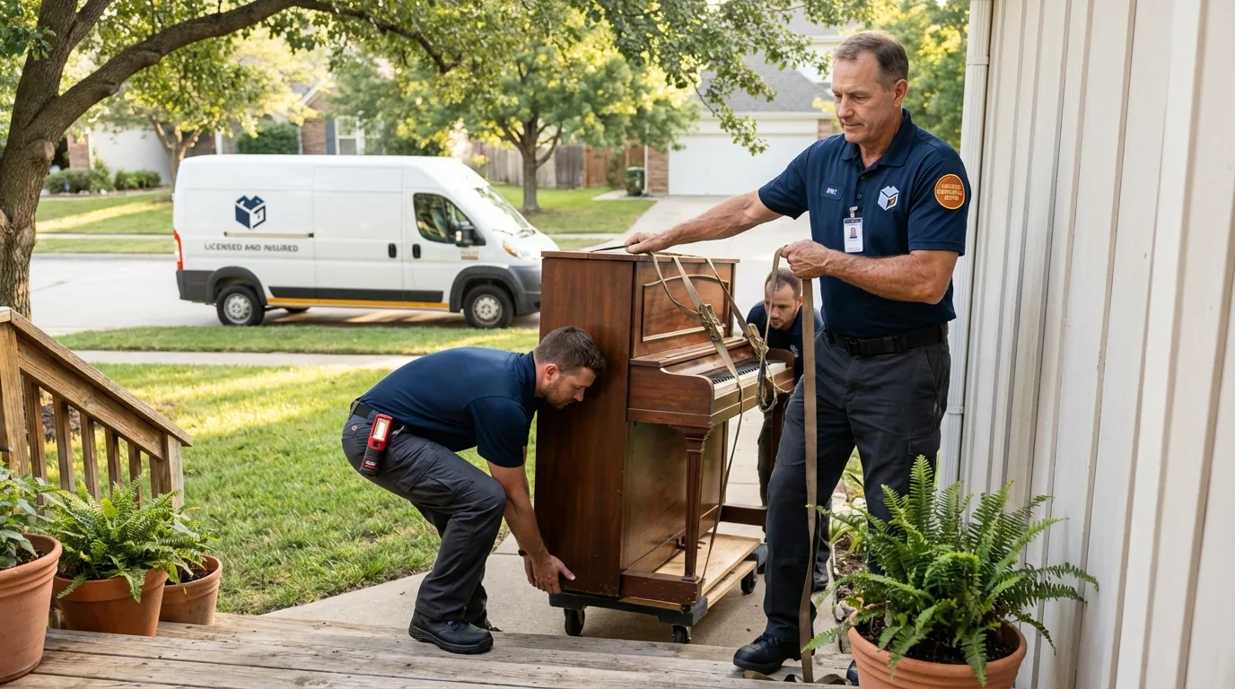 Licensed piano movers securing grand piano in Marble Falls, TX