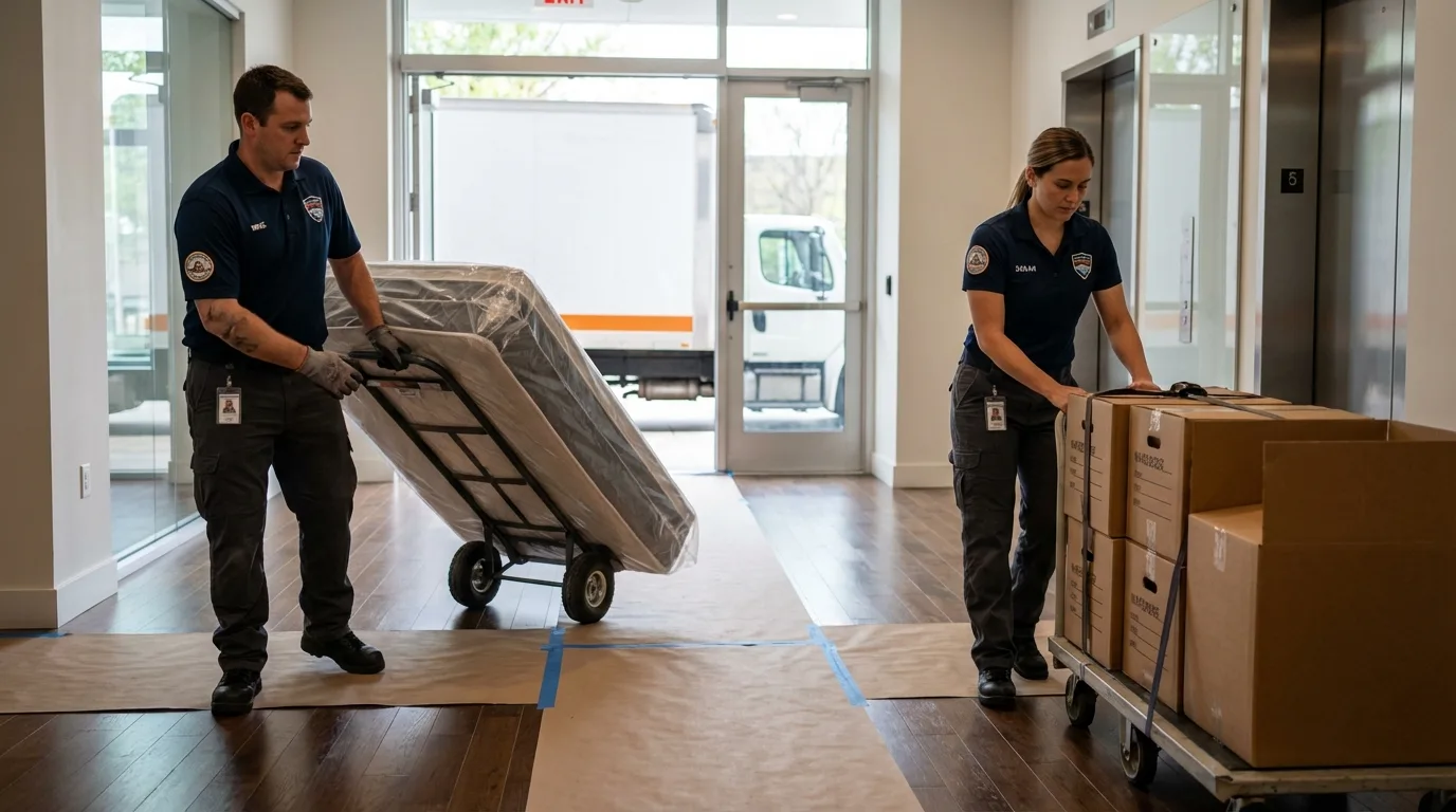Professional apartment movers loading elevator in Marble Falls, TX