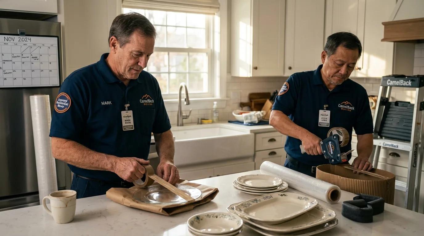 Professional crew packing kitchen dishware in Marble Falls, TX